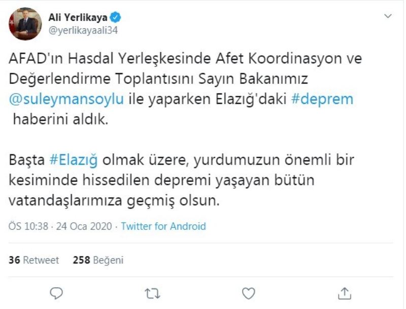 İstanbul Vali Yerlikaya’dan Elazığ depremine ilişkin açıklama
