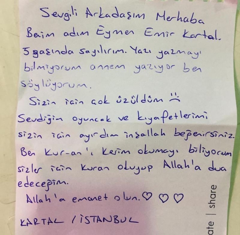 Kartallı çocuklardan Elazığlı depremzedelere duygu yüklü mektuplar
