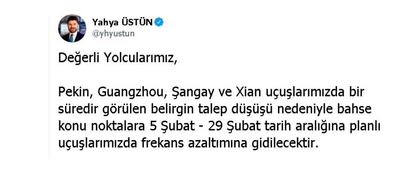 Türk Hava Yolları Çin’de sefer azaltıyor
