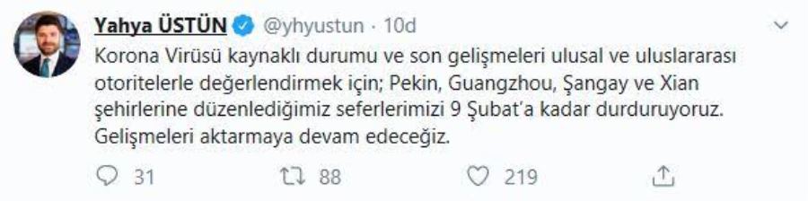 Çin uçuşlarının durdurulduğu açıklandı