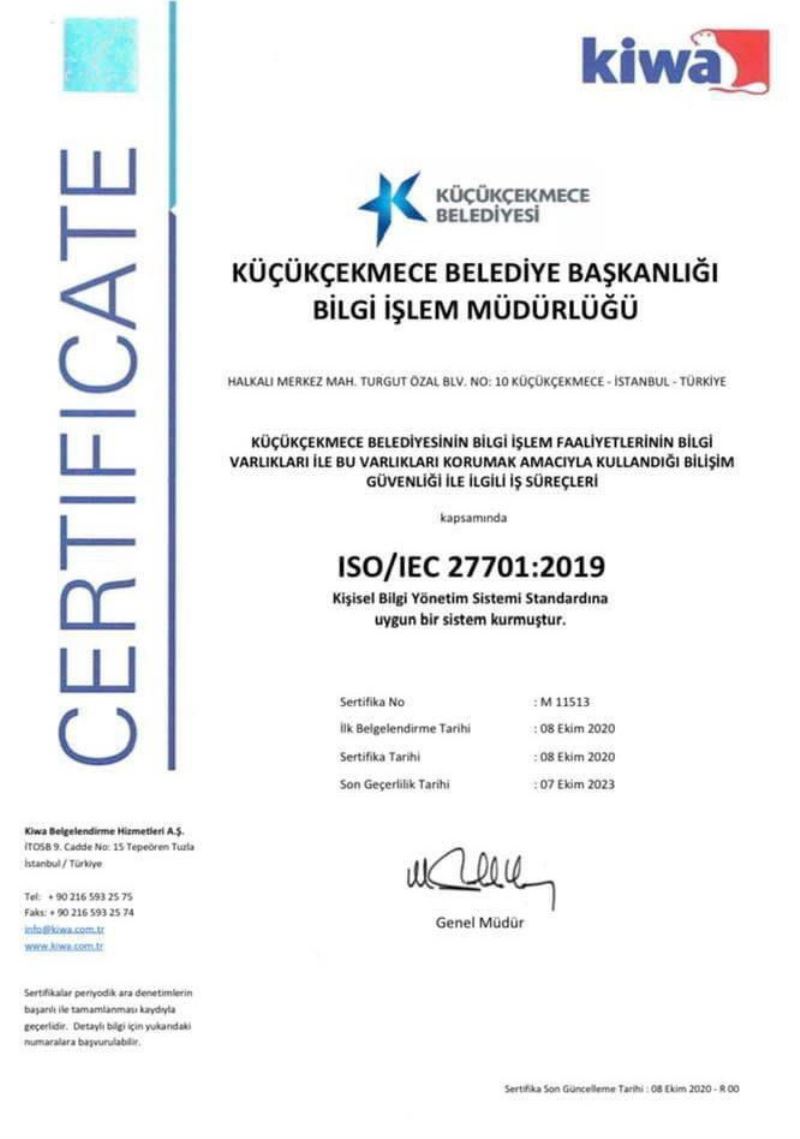 Küçükçekmece Belediyesine ISO 27701 sertifikası
