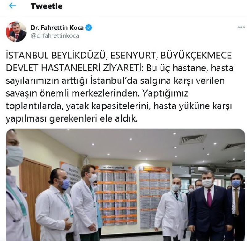 Bakan Koca’dan hastaneleri ziyaret paylaşımı
