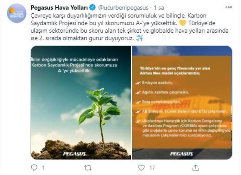 Pegasus, Karbon Saydamlık Projesi skorunu A-’ye yükseltti
