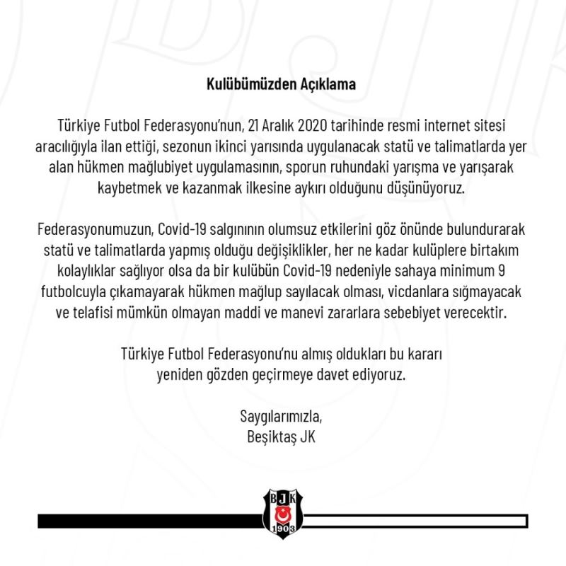 Beşiktaş’tan, TFF’nin hükmen mağlubiyet kararına tepki
