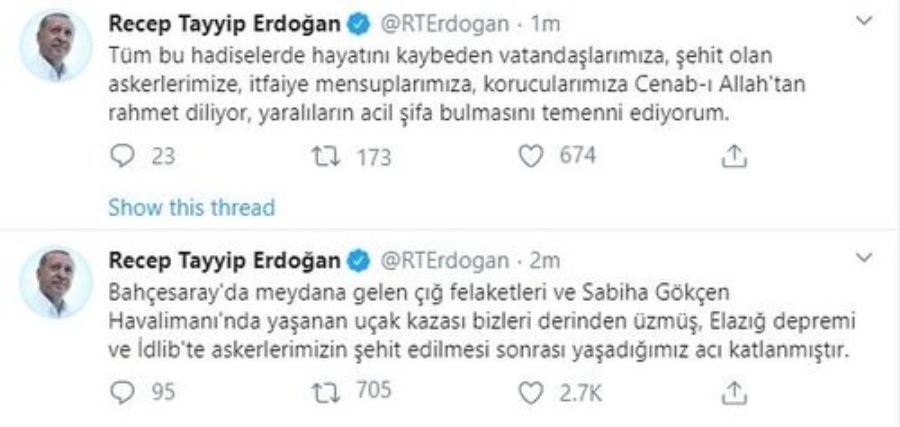 Cumhurbaşkanı Erdoğan’dan çığ ve uçak kazası paylaşımı