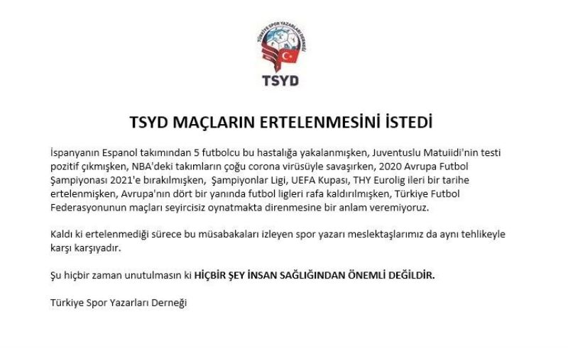 TSYD’den federasyona ’erteleme’ çağrısı!
