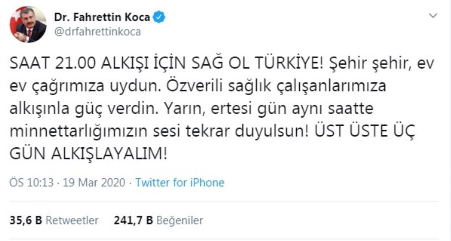 Sağlık Bakanı Koca’dan sağlıkçılar için “3 gün alkışlayalım” çağrısı