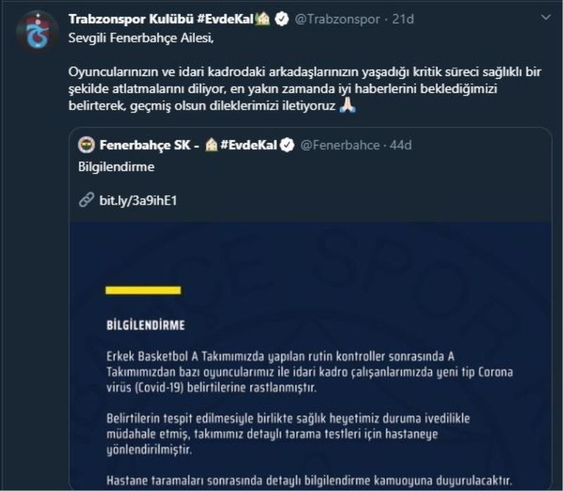 Trabzonspor’dan Fenerbahçe’ye geçmiş olsun mesajı

