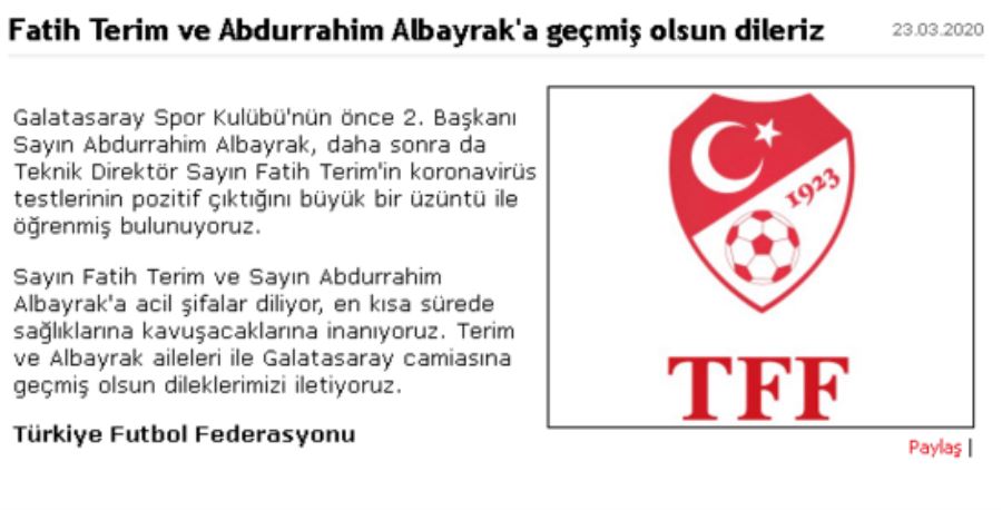 TFF’den Fatih Terim ve Abdurrahim Albayrak için geçmiş olsun mesajı