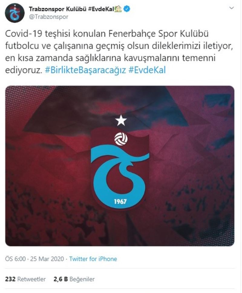 Trabzonspor’dan Fenerbahçe’ye geçmiş olsun mesajı
