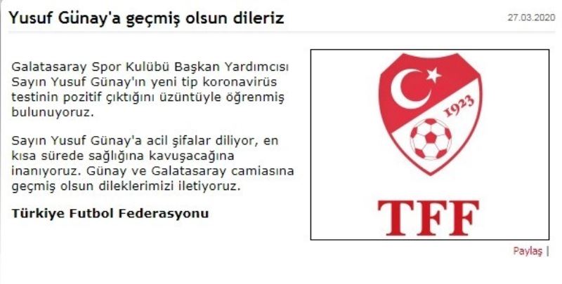 TFF’den Yusuf Günay’a ’geçmiş olsun’ mesajı
