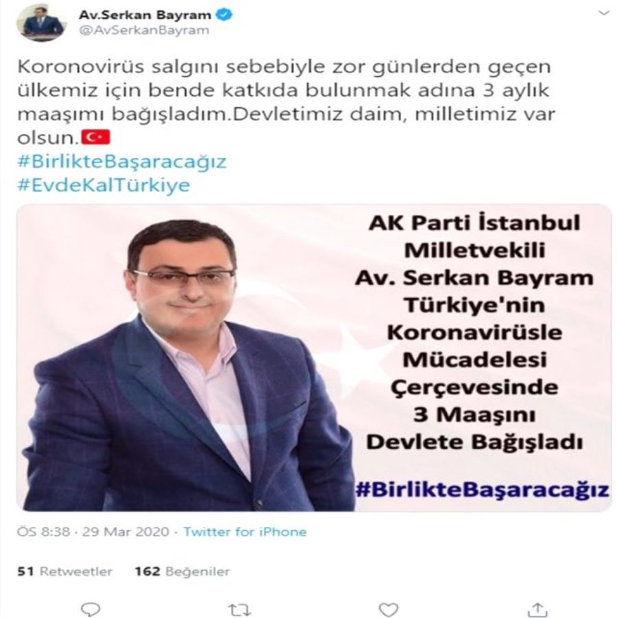 AK Parti İstanbul Milletvekili’nden korona virüsle mücadeleye anlamlı destek