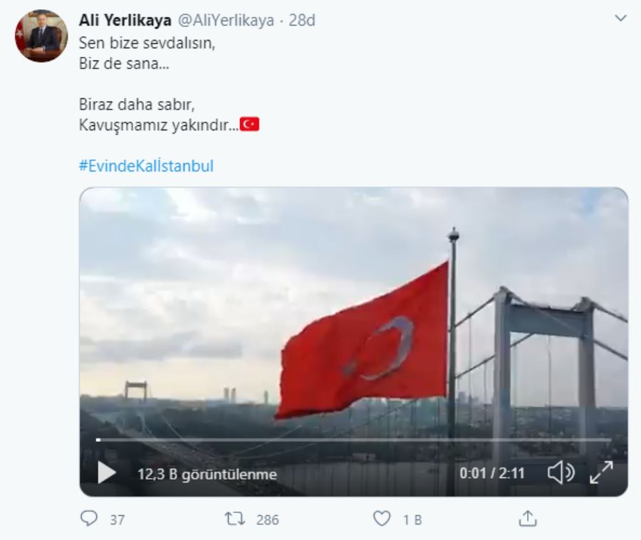 Vali Yerlikaya’dan İstanbul videolu ‘Evdekal’ paylaşımı