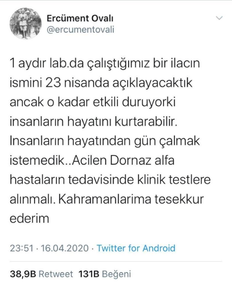 Ercüment Ovalı’dan heyecanlandıran korona virüs ilacı açıklaması
