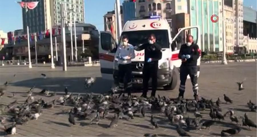 (Özel) Sağlık çalışanları Taksim’deki kuşları besledi