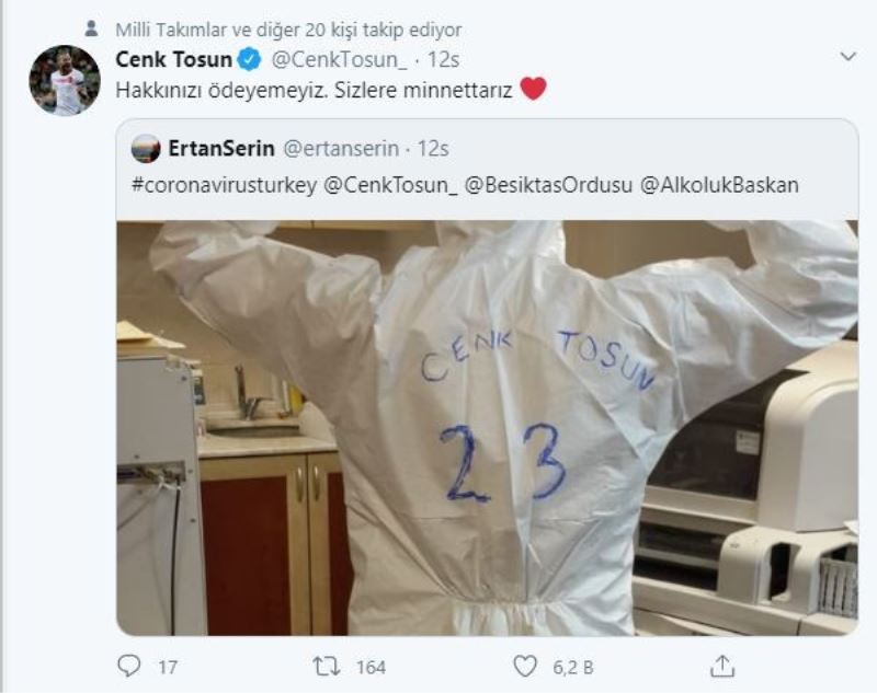 Cenk Tosun’dan sağlık çalışanlarına destek
