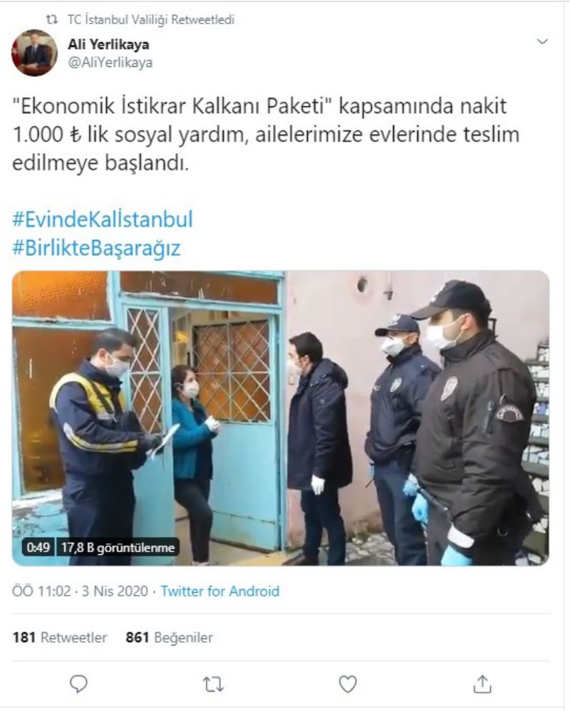 İstanbul’da bin TL sosyal yardım, ailelere evlerinde teslim edilmeye başlandı
