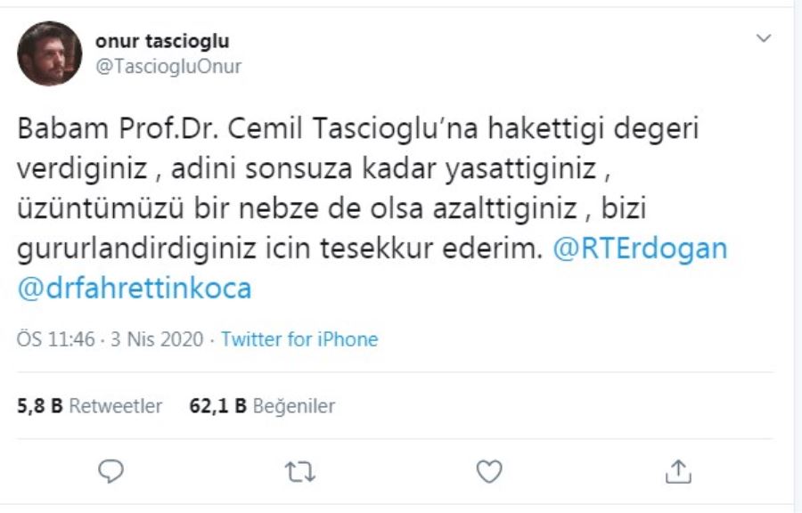 Cumhurbaşkanı Erdoğan’a, Cemil Taşçıoğlu’nun oğlundan teşekkür paylaşımı