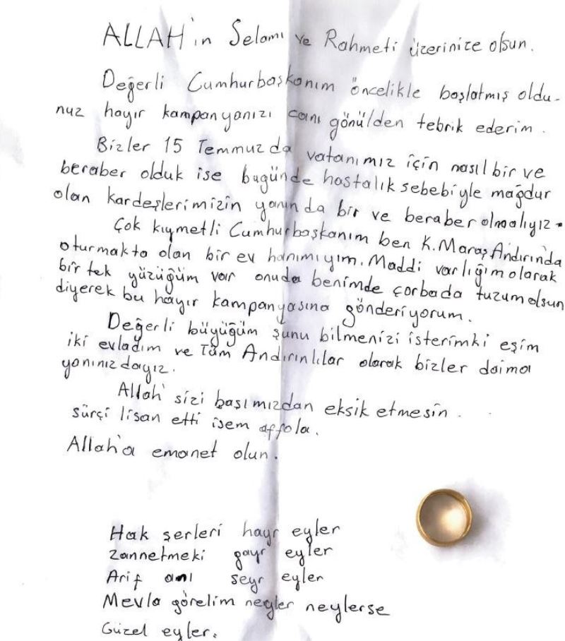 Cumhurbaşkanı Erdoğan, yüzüğünü göndererek Milli Dayanışma Kampanyası’na destek veren vatandaşla görüştü
