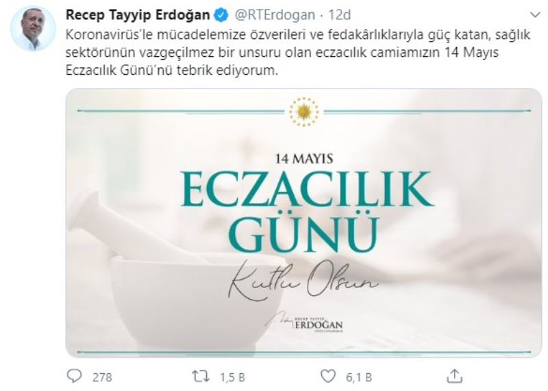 Cumhurbaşkanı Erdoğan, Eczacılık Günü’nü kutladı
