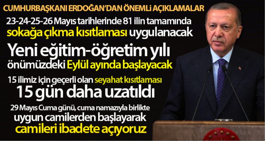 Cumhurbaşkanı Erdoğan: “Arife gününden bayramın son gününe kadar 81 ilde sokağa çıkma kısıtlaması uygulanacak”