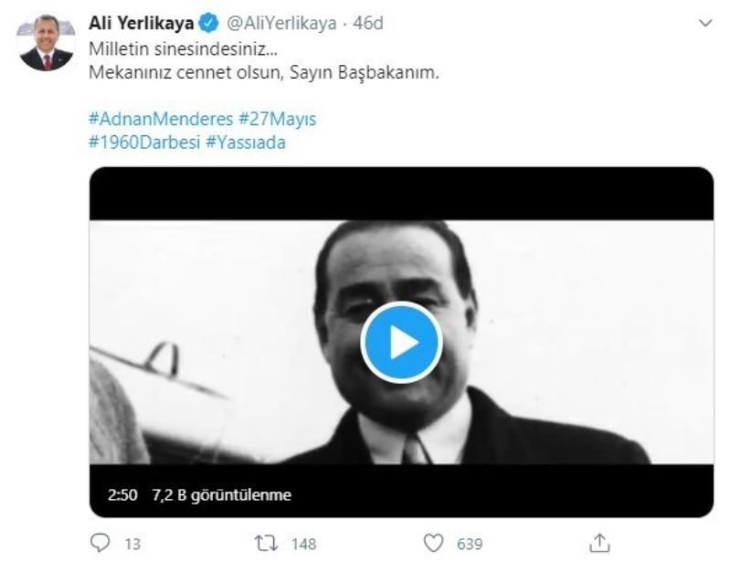 İstanbul Valisi Yerlikaya’dan merhum Başbakan Menderes için paylaşım
