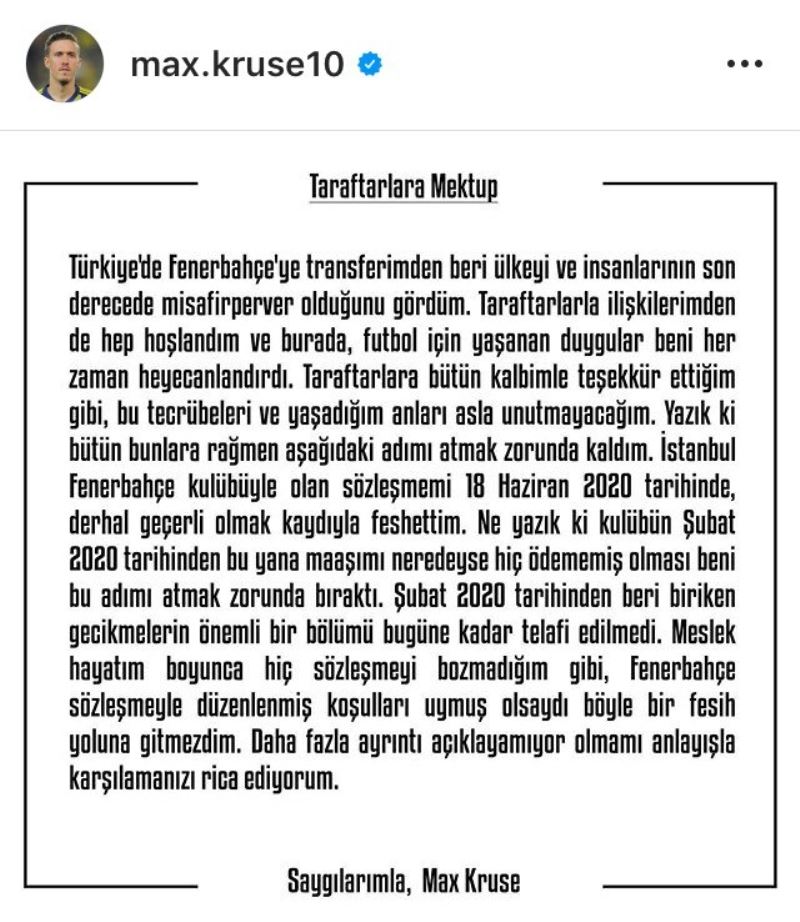 Max Kruse, taraftara mektup ile ayrılığın nedenini açıkladı