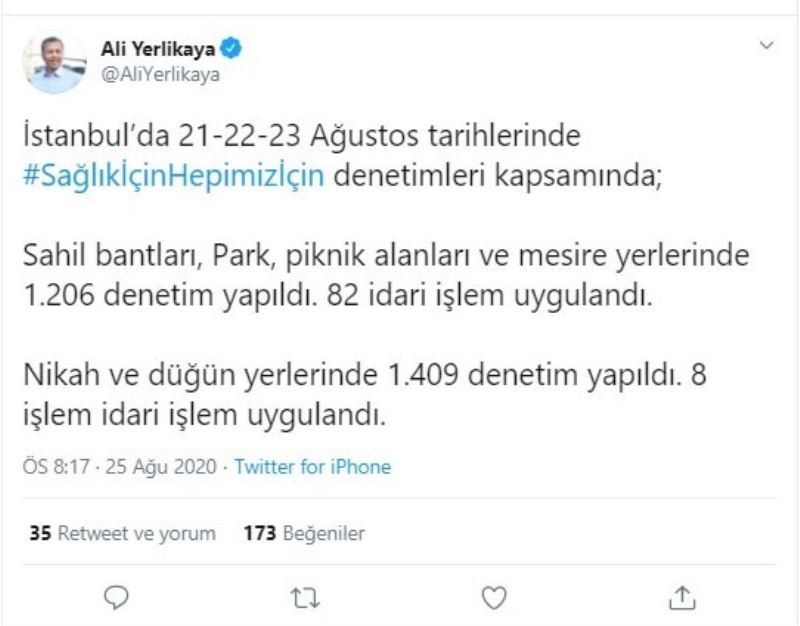 Vali Yerlikaya, korona virüs denetim verilerini açıkladı
