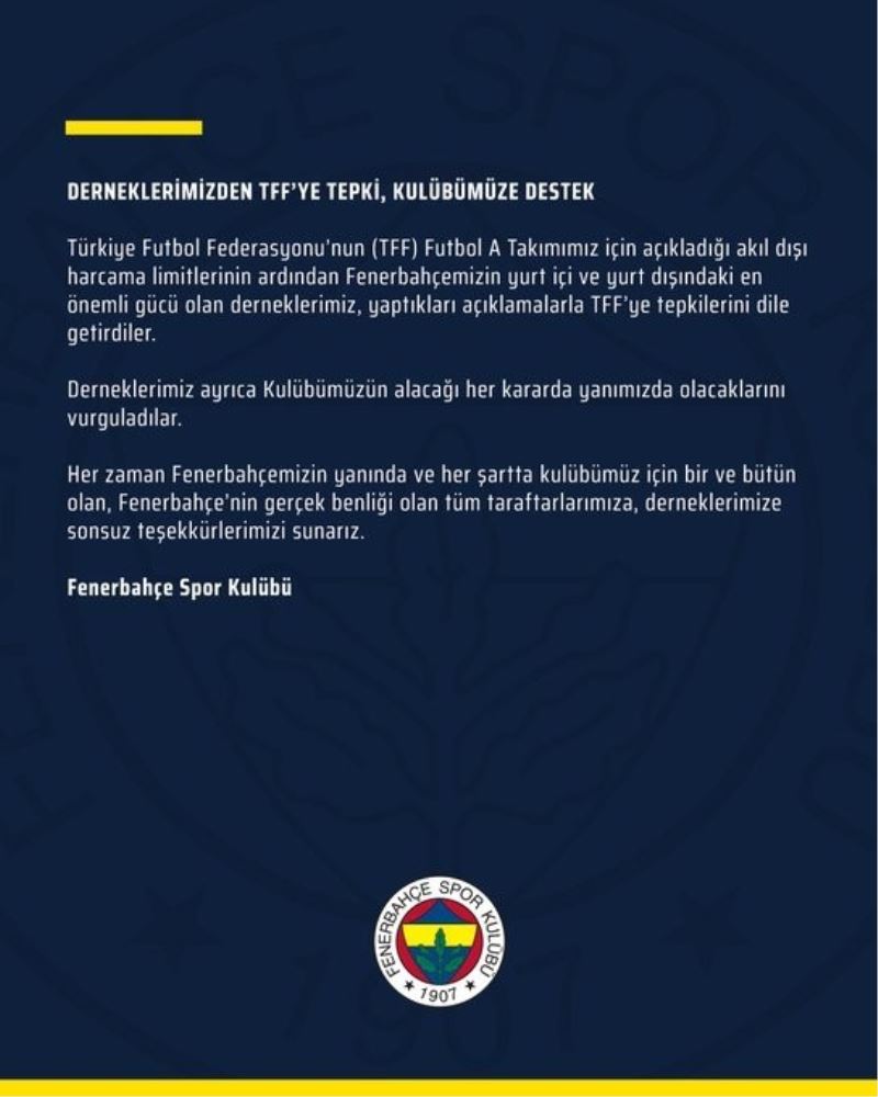 Fenerbahçe’den derneklere teşekkür
