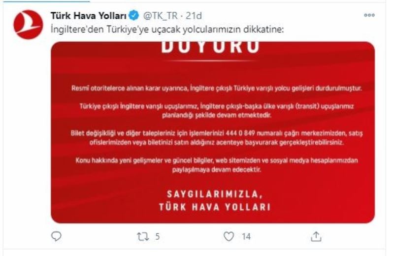 THY’den İngiltere uçuşlarına ilişkin açıklama
