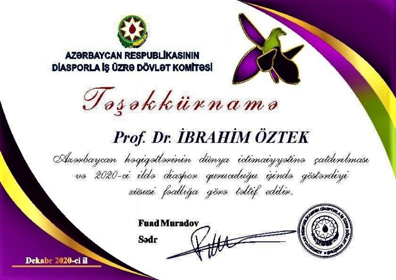 Prof. Dr. İbrahim Öztek’e Azerbaycan’dan “Teşekkürname”
