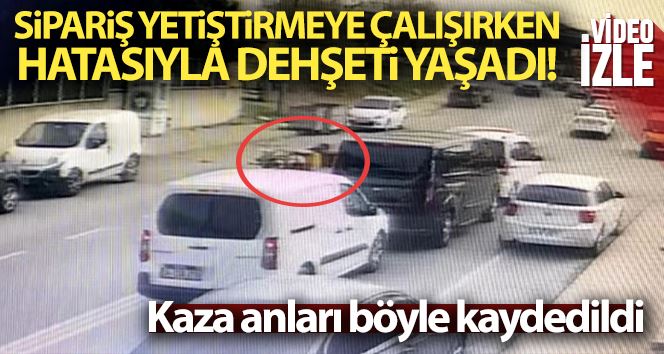 Hatalı sollama yapan kuryenin otomobille çarpışması kamerada