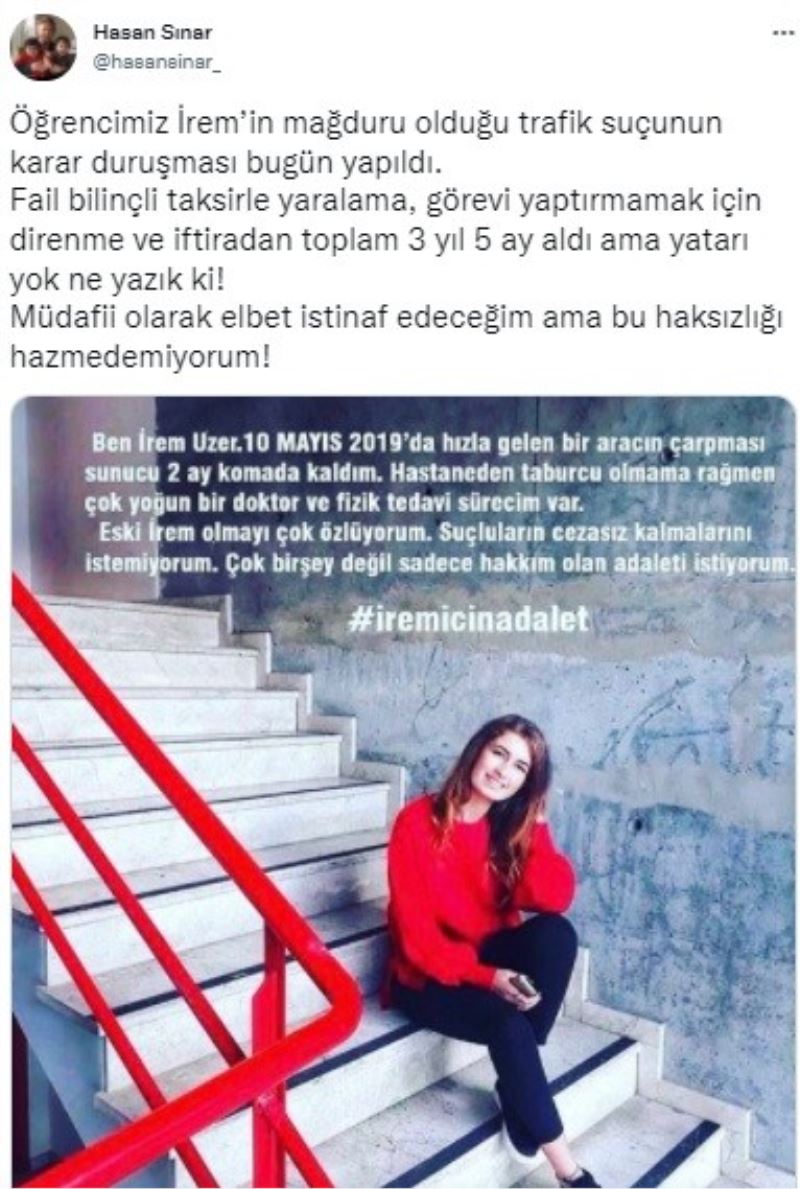 Üniversiteli İrem’e çarpan sanığın davasında karar
