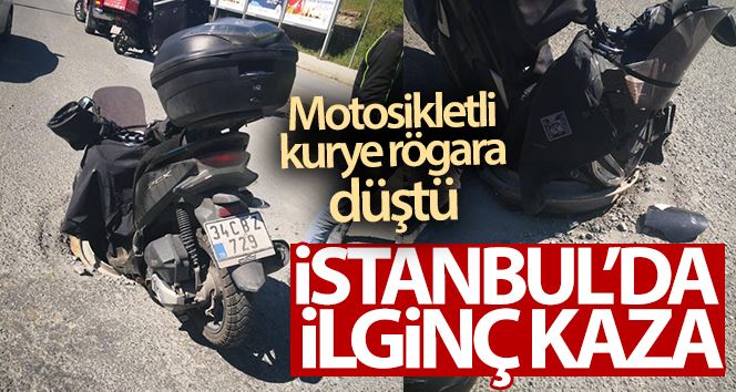 (Özel) İstanbul’da ilginç kaza: Motosikletli kurye rögara düştü