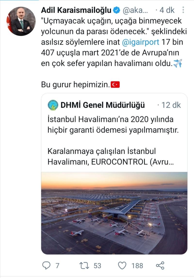 Ulaştırma ve Altyapı Bakanı Adil Karaismailoğlu’ndan İstanbul Havalimanı paylaşımı
