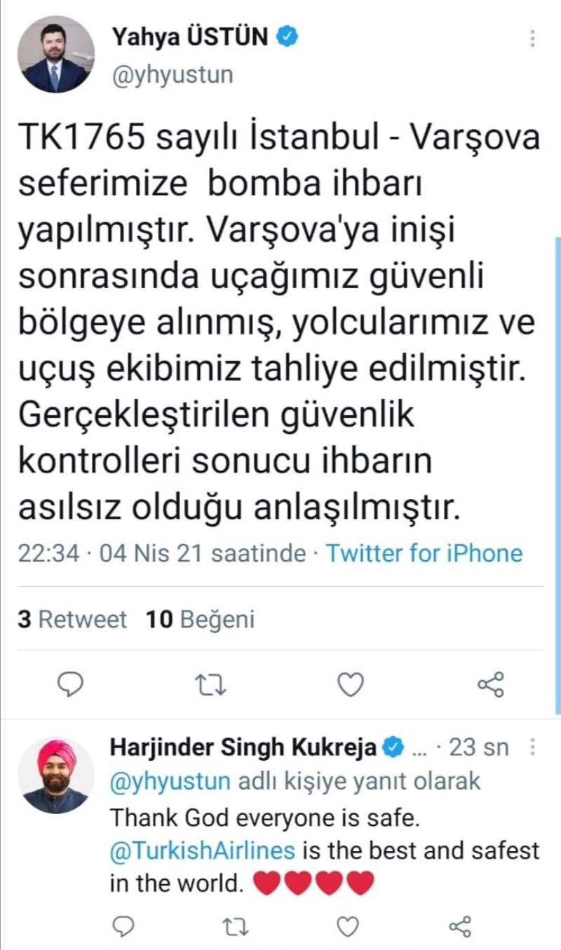 THY’nin Varşova uçağına bomba ihbarı
