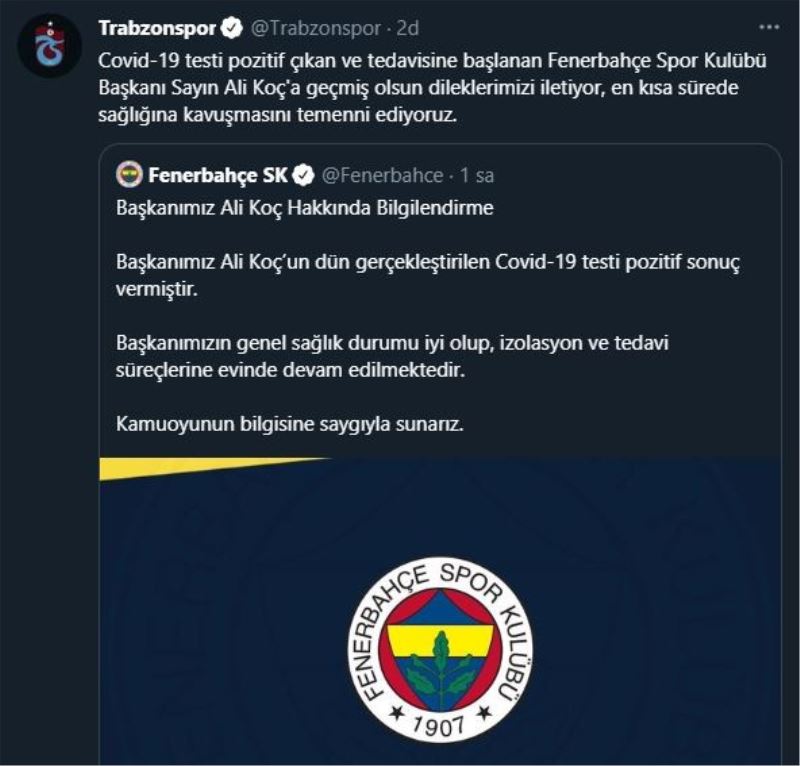 Trabzonspor’dan Başkan Koç’a geçmiş olsun mesajı
