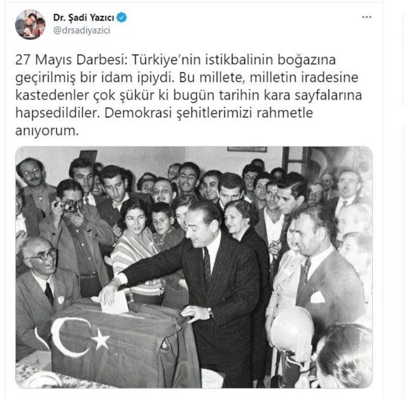 Başkan Yazıcı’dan 27 Mayıs mesajı, “Türkiye’nin istikbalinin boğazına geçirilmiş bir idam ipi idi”
