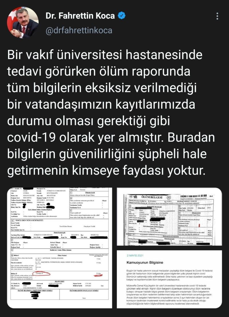 Fahrettin Koca’dan Covid-19 kaynaklı ölümün saklandığına dair yapılan paylaşım hakkında açıklama geldi
