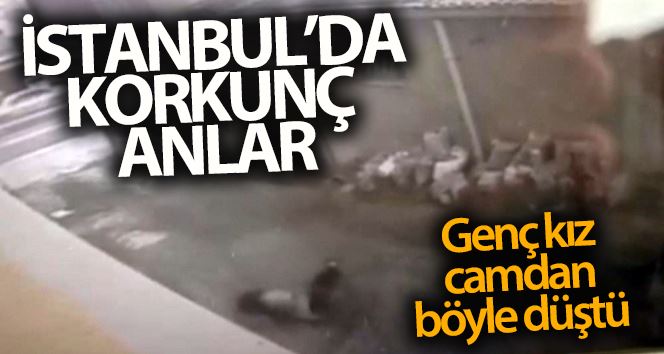 Genç kızın çalıştığı iş yerinin camından düştüğü anlar kamerada