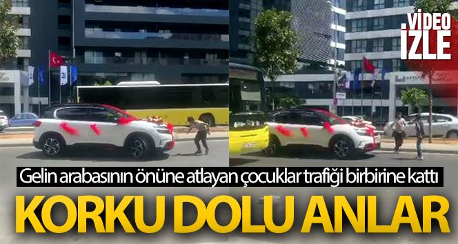 Ümraniye’de gelin arabasının önüne atlayan çocuklar trafiği birbirine kattı