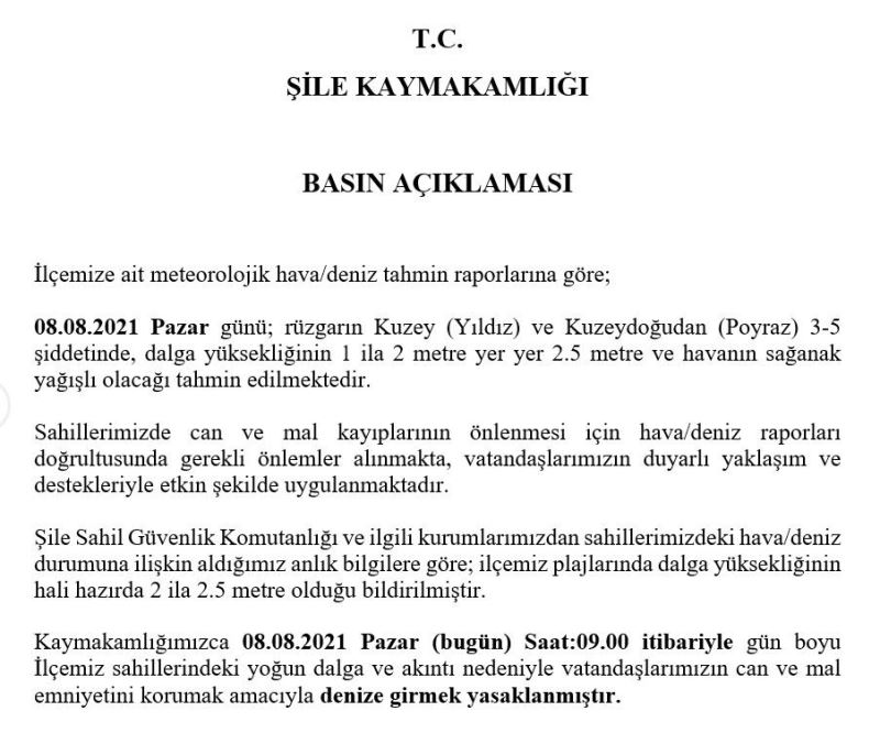 Olumsuz hava koşulları nedeniyle Şile’de denize girmek yasaklandı
