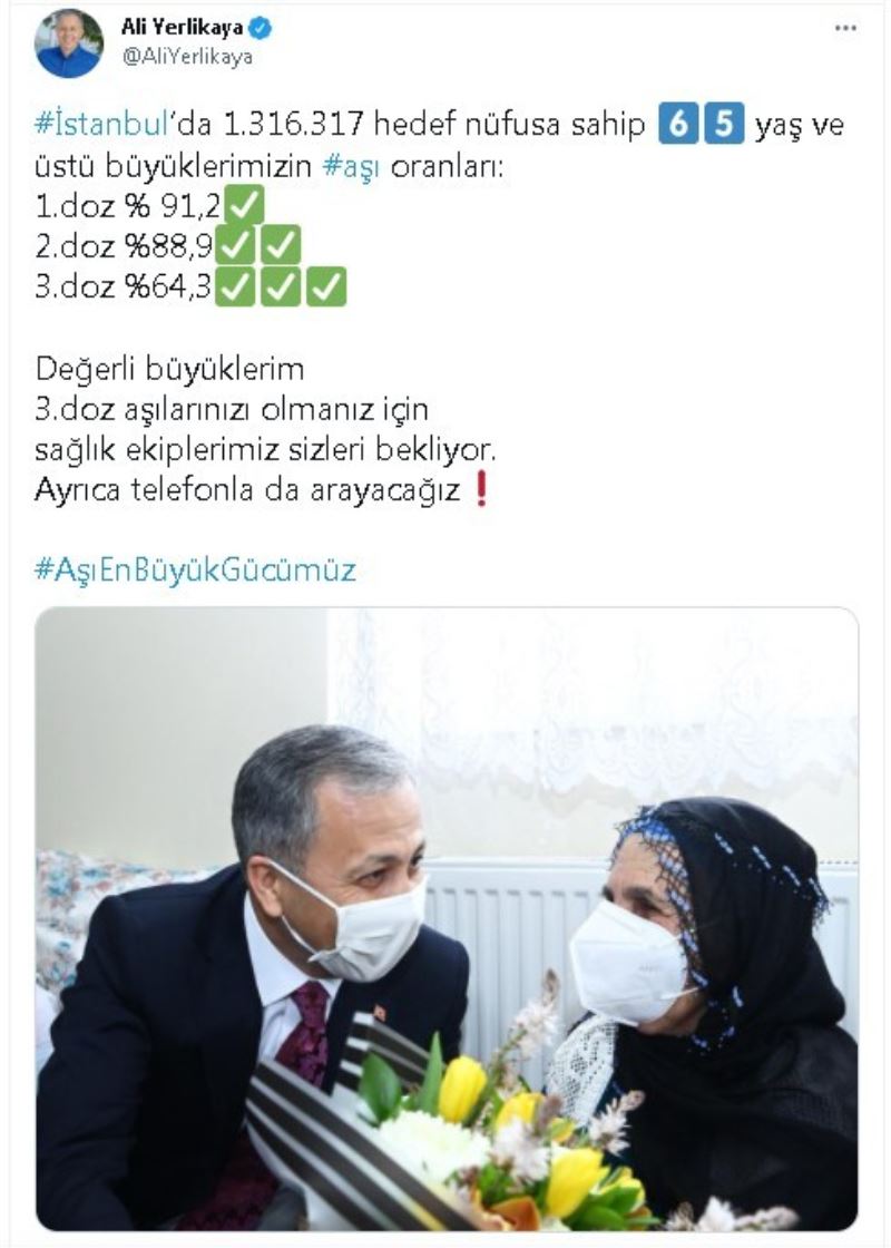 İstanbul Valisi Ali Yerlikaya’dan 3’üncü doz aşı paylaşımı
