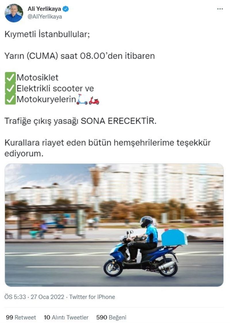 Vali Yerlikaya’dan motosikletlilerin trafiğe çıkış yasağıyla ilgili paylaşım
