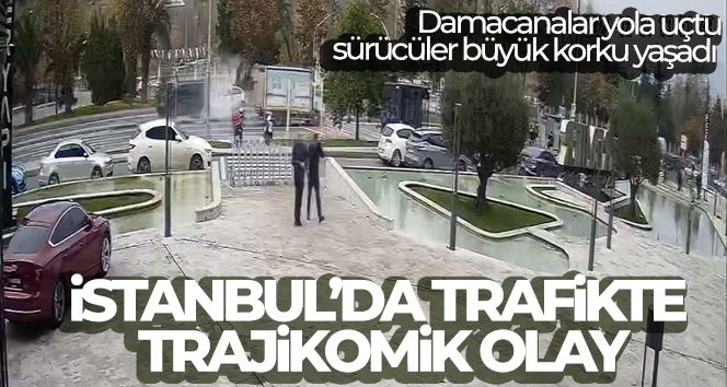 İstanbul’da trafikte trajikomik olay kamerada: Damacanalar yola uçtu, sürücüler büyük korku yaşadı