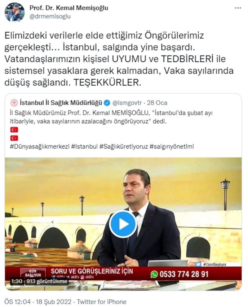 İstanbul İl Sağlık Müdürü Kemal Memişoğlu’ndan sevindirici paylaşım
