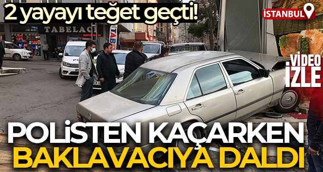 Kartal’da polisten kaçan sürücü, 2 yayayı teğet geçip baklavacıya daldı