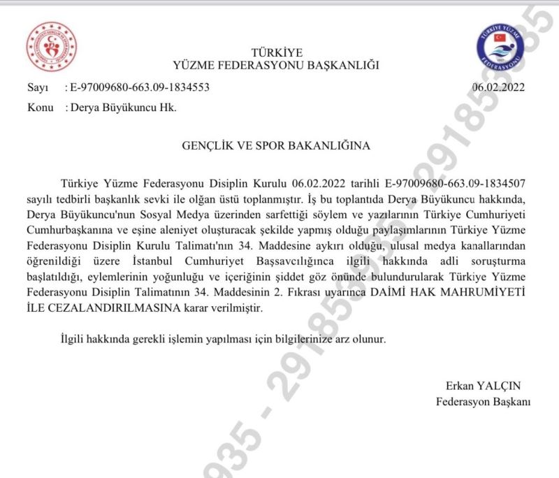 Türkiye Yüzme Federasyonu’ndan, Derya Büyükuncu’ya daimi hak mahrumiyeti

