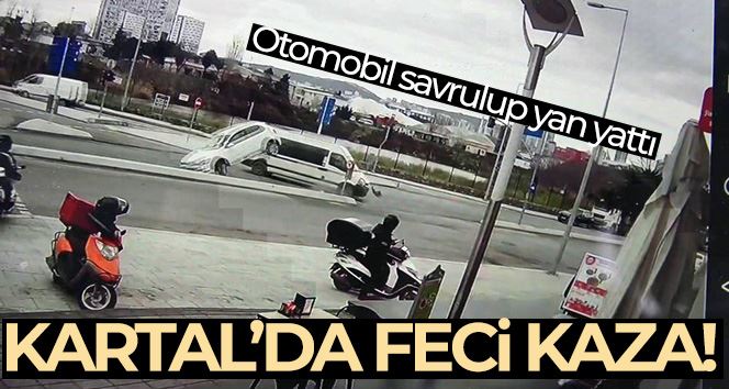 Kartal’da okul servisiyle çarpışan otomobil savrulup yan yattı