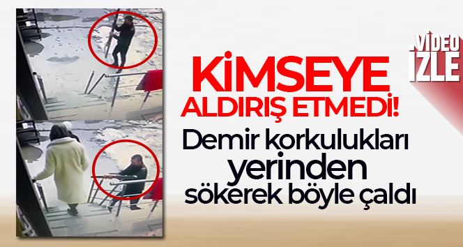 Ümraniye’de hırsız, kimseye aldırış etmeden demir korkulukları çaldı